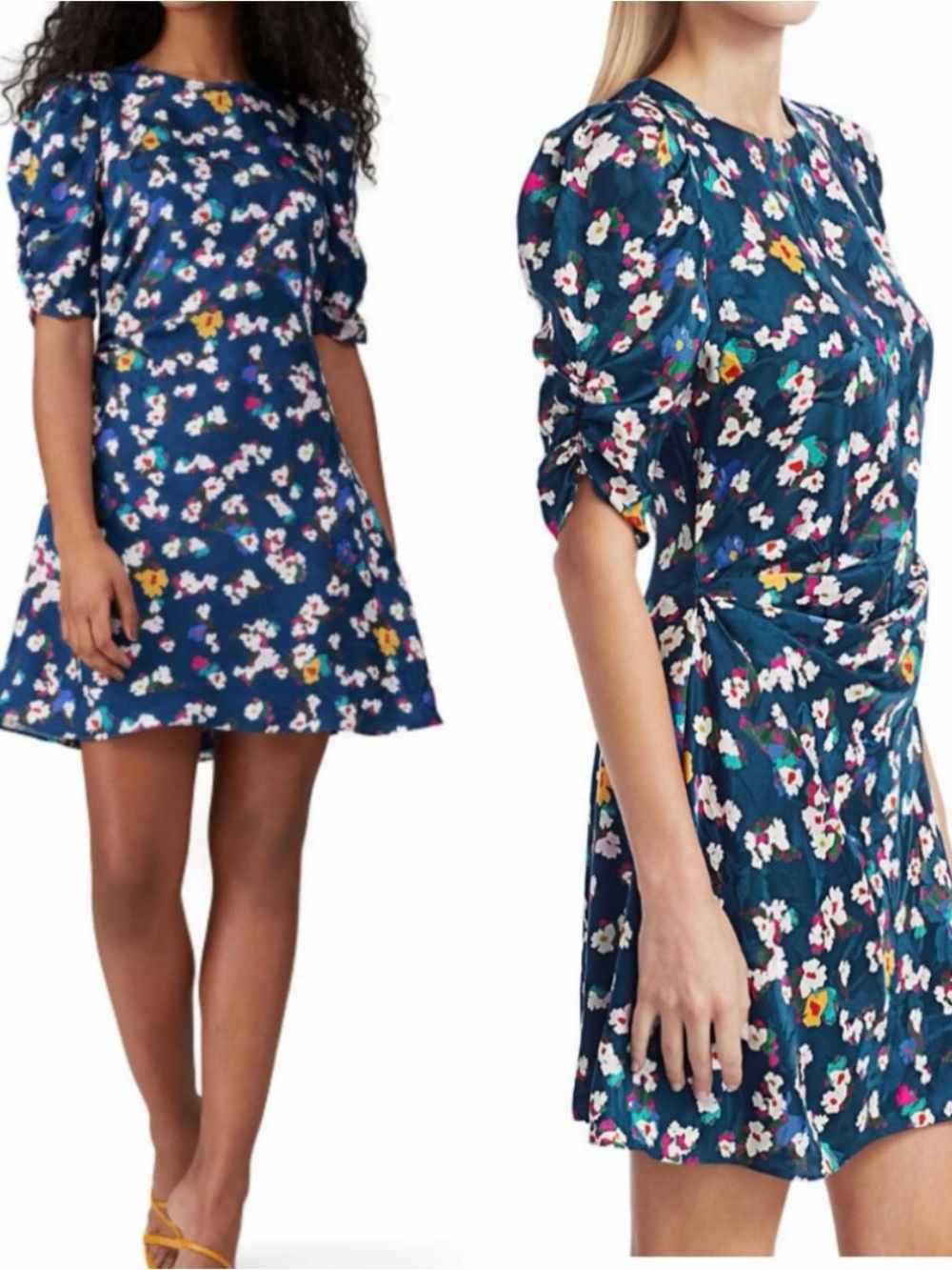 Tanya Taylor 100% Silk Liz Floral Puff-Sleeve Mini Dress blue Sz 12 cocktail